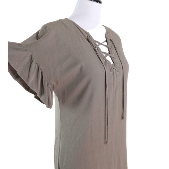 Michael Stars XS Ruffled Lace-up Mini Dress Short Sleeve Camo Green - Picture 7 of 11